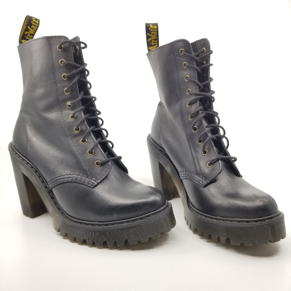 Dr. Martens "Kendra" Black Leather Lace-Up Heeled Boots